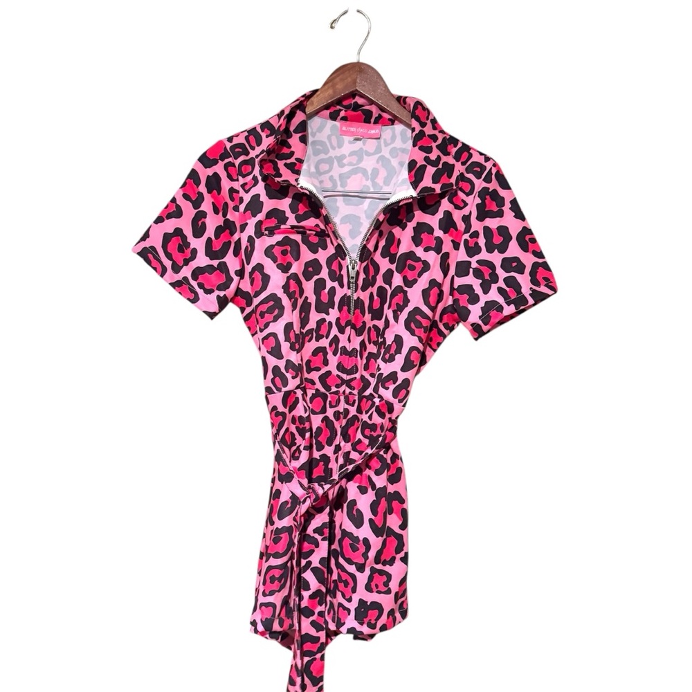 Disco Glitter Child Leopard Print Short Sleeve Belted Romper Pink Size Medium